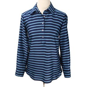 ANN TAYLOR Navy & Blue Striped 1/2 Button Blouse